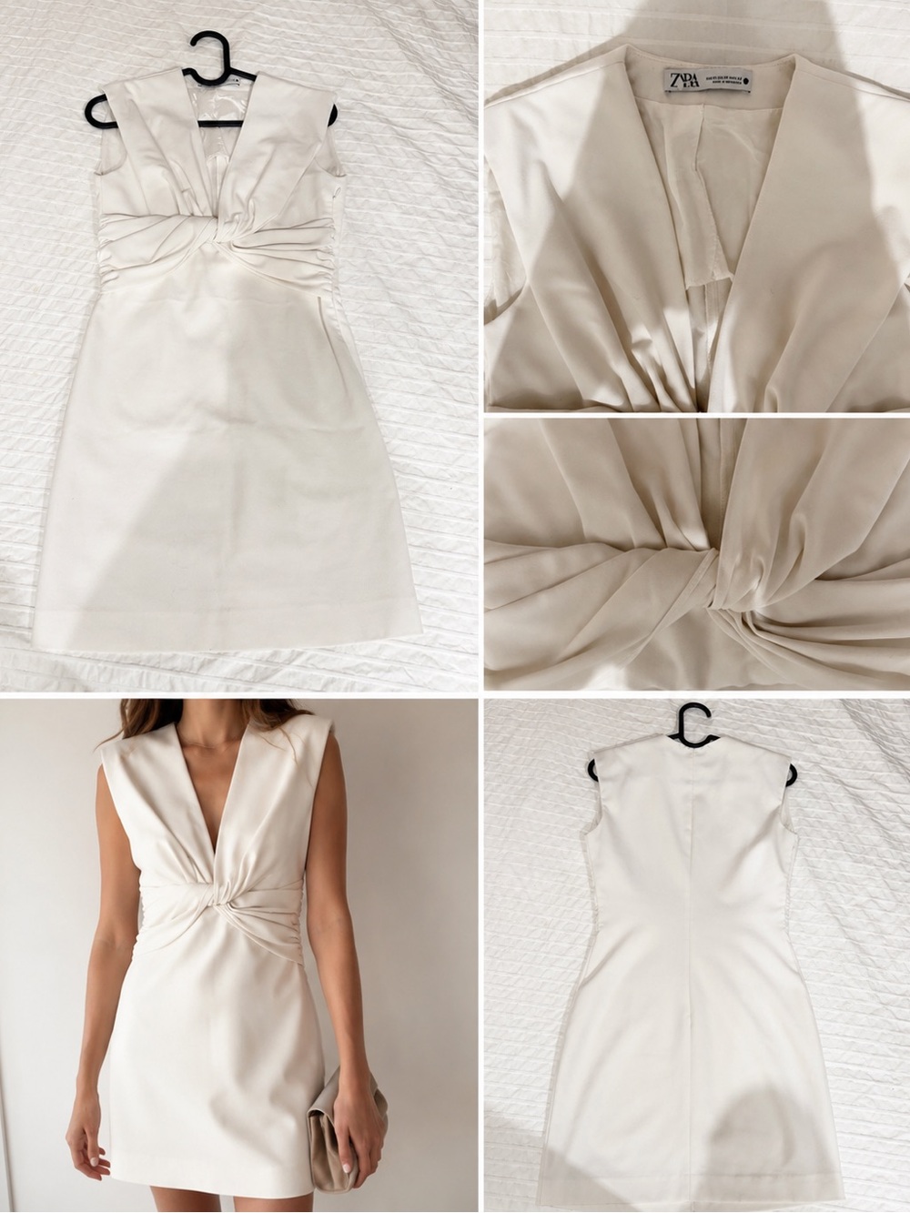 Zara Ivory Knot-Front V-Neck Mini Dress